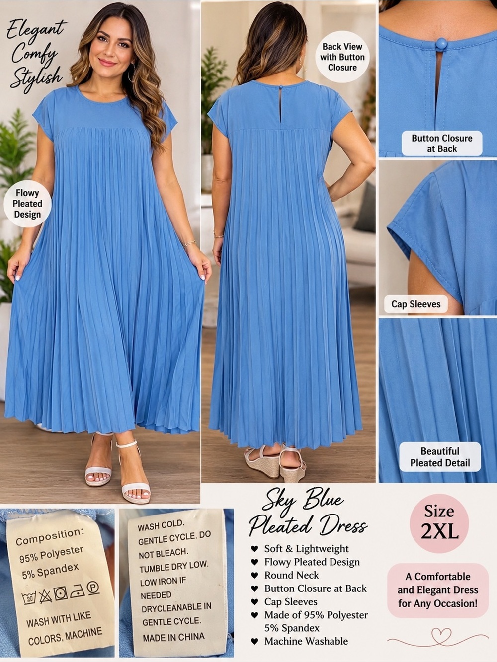Sky Blue Pleated Women’s Dress - Elegant Flowy Maxi